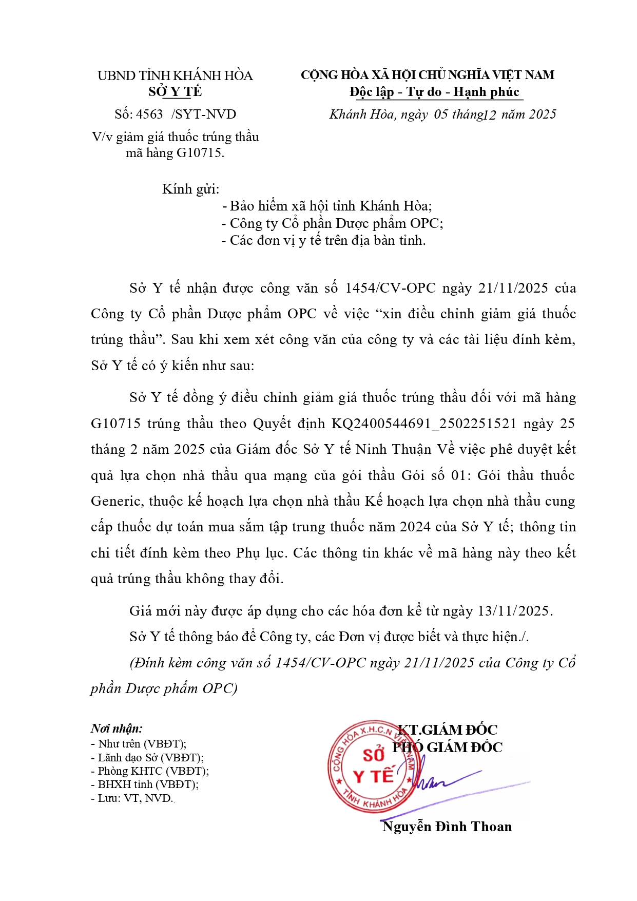 V/v giảm giá thuốc trúng thầu mã hàng G10715.